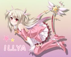 Rule 34 | 1girl, bare shoulders, character name, child, fate/kaleid liner prisma illya, fate (series), gloves, gradient background, illyasviel von einzbern, kaleidostick, kyuutou (kyuutouryuu), long hair, magical girl, magical ruby, prisma illya, red eyes, silver hair, smile, solo, thighhighs, two side up, wand, zettai ryouiki