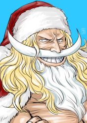 Rule 34 | 1boy, blonde hair, blue background, close-up, commentary request, crossed arms, edward newgate, facial hair, hat, kokorozashi, long hair, looking at viewer, male focus, mustache, one piece, santa cape, santa hat, simple background, smile, solo, white beard
