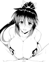 Rule 34 | 1boy, 1girl, black gloves, breasts, breasts squeezed together, collarbone, deep skin, fingerless gloves, gloves, greyscale, hair between eyes, hair ornament, halcon, heart, heart-shaped pupils, huge breasts, long hair, looking at viewer, male pubic hair, monochrome, multicolored hair, nanbu kaguya, nude, open mouth, paizuri, penis, ponytail, pubic hair, simple background, solo focus, spread legs, super robot wars, super robot wars og saga mugen no frontier, sweat, symbol-shaped pupils, topless, two-tone hair, upper body, very long hair, white background