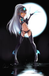 Rule 34 | 10s, 1girl, bad id, bad pixiv id, black thighhighs, boots, dark elf, dragon nest, earrings, elbow gloves, elf, female focus, gloves, highres, jewelry, long hair, moon, navel, observerz, panties, pointy ears, solo, thigh boots, thighhighs, underwear, white hair, yellow eyes
