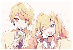 Rule 34 | 1girl, ;d, bad id, bad twitter id, blonde hair, blush, brother and sister, bubble tea, cardigan, closed mouth, collared shirt, crown, cup, diagonal-striped clothes, diagonal-striped necktie, disposable cup, drinking straw, holding, holding cup, kamiyama high school uniform (project sekai), long hair, long sleeves, miyamasuzaka girls&#039; academy school uniform, neckerchief, necktie, one eye closed, open mouth, project sekai, qi7pi, red neckerchief, sailor collar, school uniform, shirt, siblings, smile, star (symbol), striped clothes, tenma saki, tenma tsukasa, twintails, upper body, white sailor collar, white shirt, yellow cardigan, yellow eyes