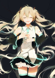 Rule 34 | 1girl, absurdres, alternate hair color, bad id, bad pixiv id, black skirt, blonde hair, detached sleeves, closed eyes, hands on own chest, hatsune miku, headset, highres, lococo:p, long hair, necktie, skirt, sleeveless, smile, solo, thighhighs, twintails, very long hair, vocaloid, zettai ryouiki