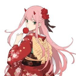Rule 34 | 10s, 1girl, aiko (kanl), aqua eyes, darling in the franxx, eyeshadow, floral print, flower, hair flower, hair ornament, holding, horns, japanese clothes, kimono, long sleeves, looking at viewer, looking back, makeup, obi, pink hair, sash, simple background, solo, straight hair, upper body, white background, yukata, zero two (darling in the franxx)