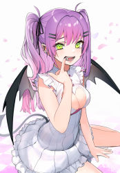Rule 34 | 1girl, absurdres, ahoge, alternate costume, barbell piercing, bare legs, between legs, black ribbon, blush, breasts, cherry blossoms, cleavage, commentary, demon tail, demon wings, dress, ear piercing, eyelashes, fangs, finger to mouth, gradient hair, green eyes, hair between eyes, hair ornament, hair ribbon, hairclip, hand between legs, highres, hololive, industrial piercing, lips, long hair, looking at viewer, medium breasts, multicolored hair, open mouth, petals, piercing, pink hair, pointy ears, purple hair, ribbon, simple background, sitting, sleeveless, sleeveless dress, smile, solo, tail, tate yukimi, thighs, tokoyami towa, twintails, two-tone hair, virtual youtuber, white background, white dress, wings