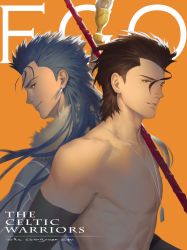 Rule 34 | 2boys, absurdres, black hair, blue cape, blue hair, cape, capelet, cu chulainn (caster) (fate), cu chulainn (fate), cu chulainn (fate/stay night), diarmuid ua duibhne (saber) (fate), earrings, elle shengxuan shi, exposed muscle, fate/grand order, fate (series), fur-trimmed capelet, fur trim, highres, holding, holding weapon, jewelry, long hair, looking at viewer, looking back, male focus, multiple boys, necklace, orange eyes, polearm, red eyes, topless male, smile, spear, staff, weapon