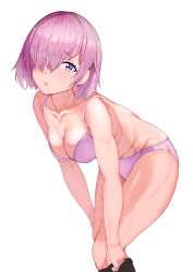 Rule 34 | 1girl, alternate costume, bad id, bad pixiv id, bra, breasts, cleavage, collarbone, cowboy shot, dressing, fate/grand order, fate (series), hair over one eye, leaning forward, looking at viewer, mash kyrielight, medium breasts, open mouth, panties, purple eyes, purple hair, short hair, sikijou77o, solo, toned, underwear, underwear only, white background