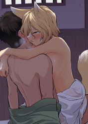 Rule 34 | 1boy, 1girl, animal ears, blonde hair, blush, breasts, brown hair, clothes pull, commentary request, eyebrows, eyelashes, fox ears, fox girl, fox tail, fuuzasa, girl on top, hair between eyes, half-closed eyes, heavy breathing, highres, hug, implied sex, indoors, kudamaki tsukasa, open mouth, ribs, short hair, small breasts, tail, touhou, water drop, wet, yellow eyes