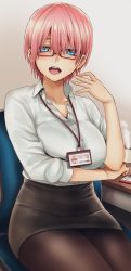 Rule 34 | 1girl, :o, arm under breasts, black pantyhose, blue eyes, breasts, chair, coffee, collared dress, commentary request, desk, dress, dress shirt, go-toubun no hanayome, hair between eyes, hand up, highres, hoshi san 3, id card, lanyard, large breasts, looking at viewer, miniskirt, nakano ichika, office chair, office lady, open mouth, pantyhose, pencil skirt, pink hair, shirt, short hair, sitting, skirt, sleeves rolled up, swivel chair, white shirt