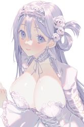 Rule 34 | 1girl, bad id, bad pixiv id, breasts, cleavage, cross-laced clothes, detached collar, earrings, flower, hair flower, hair ornament, hairband, highres, jewelry, large breasts, long hair, looking at viewer, naomasap, open mouth, original, purple eyes, purple hair, simple background, solo, upper body, white background