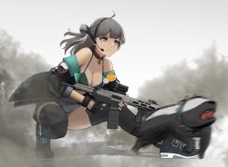 Rule 34 | 1girl, aac honey badger, absurdres, advanced armament corporation, animal, assault rifle, bad id, bad pixiv id, bare shoulders, bikini, bikini top only, breasts, carbine, choker, cleavage, commentary, commentary request, fingerless gloves, girls&#039; frontline, gloves, grey eyes, grey hair, gun, headphones, highres, honey badger, honey badger (girls&#039; frontline), integrally-suppressed firearm, kasasasagi, long hair, magazine (weapon), medium breasts, nail polish, peace symbol, personal defense weapon, q (firearms company), rifle, skirt, smoke, solo, squatting, swimsuit, thighhighs, thighs, weapon