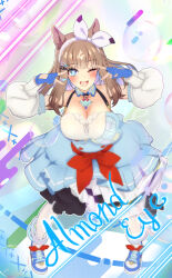 1girl absurdres almond_eye_(umamusume) blue_eyes breasts brown_hair character_name collarbone commentary_request double_v fingerless_gloves full_body gloves h_stone514 hair_between_eyes hair_ornament hairband highres horse_girl long_hair looking_at_viewer open_mouth puffy_sleeves ribbon shoes smile solo standing thighhighs umamusume v