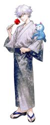 Rule 34 | 1boy, blue eyes, candy apple, closed mouth, commentary, food, full body, glasses, grey kimono, hair over one eye, highres, holding, holding food, japanese clothes, kimono, long sleeves, looking at viewer, male focus, obi, official alternate costume, qifrey (tongari boushi no atelier), sandals, sash, shirahama kamome, short hair, simple background, smile, solo, standing, tongari boushi no atelier, transparent background, white background, white hair, wide sleeves, yukata, zouri