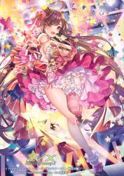 Rule 34 | 1girl, :d, ahoge, breasts, brown hair, brown headwear, cleavage, company name, copyright name, dress, frilled thighhighs, frills, full body, garter straps, hat ornament, holding, holding microphone, idol, large breasts, long hair, microphone, official art, open mouth, outstretched hand, pink dress, pink thighhighs, red eyes, single thighhigh, smile, solo, standing, standing on one leg, star (symbol), thighhighs, tilted headwear, very long hair, watermark, yuasa akira, z/x