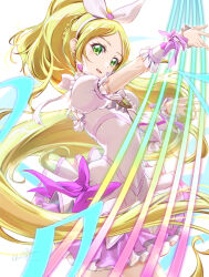 Rule 34 | 1girl, blonde hair, bow, brooch, choker, clear glass (mildmild1311), cowboy shot, cure rhythm, dress, earrings, green eyes, harp, highres, instrument, jewelry, long hair, magical girl, minamino kanade, open mouth, pink bow, precure, puffy short sleeves, puffy sleeves, short sleeves, smile, solo, suite precure, white background, white choker, white dress