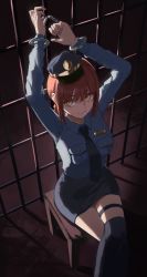 Rule 34 | 1girl, absurdres, alternate costume, arms up, badge, black necktie, black skirt, black thighhighs, blue shirt, bound, bound wrists, braid, braided ponytail, breast pocket, breasts, chainsaw man, collared shirt, crossed legs, cuffs, feet out of frame, handcuffs, hat, highres, long hair, makima (chainsaw man), mini hat, miniskirt, necktie, peaked cap, pencil skirt, pocket, police, police uniform, prison cell, red hair, ringed eyes, ryoha kosako, shirt, sidelocks, sitting, skirt, solo, stool, thigh strap, thighhighs, uniform, yellow eyes, zettai ryouiki