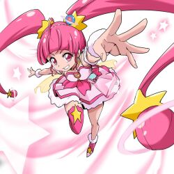 Rule 34 | 1girl, ahoge, blunt bangs, choker, cure star, dress, earrings, full body, fur cuffs, hair ornament, hoop earrings, hoshina hikaru, jewelry, long hair, looking at viewer, magical girl, open mouth, outstretched arms, petticoat, pink choker, pink dress, pink eyes, pink footwear, pink hair, pink thighhighs, planet hair ornament, pouch, precure, reaching, reaching towards viewer, short dress, single thighhigh, smile, solo, standing, standing on one leg, star (symbol), star hair ornament, star twinkle precure, thighhighs, twintails, uraki, very long hair, wrist cuffs
