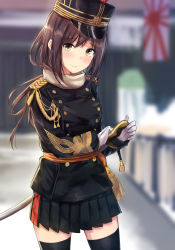 Rule 34 | 1girl, black hair, black thighhighs, blurry, blush, buttons, depth of field, double-breasted, epaulettes, flag, gloves, hand on hilt, hat, highres, japanese flag, karo-chan, long hair, looking at viewer, military, military uniform, original, peaked cap, pleated skirt, rising sun flag, skirt, smile, solo, sunburst, sword, thighhighs, uniform, weapon, white gloves, yellow eyes, zettai ryouiki
