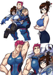 Rule 34 | 2girls, biceps, black-framed eyewear, blue gloves, breasts, brown eyes, brown hair, casual, cleavage, coat, collage, competition swimsuit, directed-energy weapon, energy cannon, energy gun, energy weapon, glasses, gloves, grin, hair bun, height difference, highres, hug, hug from behind, huge gun, huge weapon, large breasts, magnetic weapon, mei (overwatch), multiple girls, muscular, muscular female, narrow waist, navel, one-piece swimsuit, overwatch, overwatch 1, pants, particle-beam weapon, particle projector cannon, pink hair, ryuusei (mark ii), scar, scar across eye, scar on face, short hair, single hair bun, sleeveless, smile, swimsuit, tank top, tattoo, track pants, very short hair, weapon, winter clothes, winter coat, zarya (overwatch)