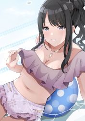 Rule 34 | 1girl, absurdres, ball, beachball, bikini, black eyes, black hair, breasts, cleavage, clothes lift, eyebrows hidden by hair, frilled bikini, frills, hair ornament, highres, idolmaster, idolmaster shiny colors, jewelry, kazano hiori, long hair, looking at viewer, medium breasts, midriff, mole, mole under mouth, navel, necklace, off-shoulder bikini, off shoulder, parted lips, ponytail, solo, swimsuit, swimsuit lift, tukikataumemo, underboob, water, x hair ornament