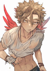 Rule 34 | 1boy, blonde hair, boku no hero academia, bracelet, dripping, ear piercing, earrings, facial hair, facial mark, facing viewer, feathered wings, feathers, goatee, hawks (boku no hero academia), hip bones, jewelry, kadeart, long eyebrows, looking afar, male focus, male underwear, mini wings, multiple bracelets, necklace, piercing, red feathers, red wings, see-through, see-through shirt, short hair, simple background, solo, squeezing, stubble, stud earrings, toned, toned male, tongue, tongue out, twitter username, underwear, waistband, wet, white background, wings, yellow eyes