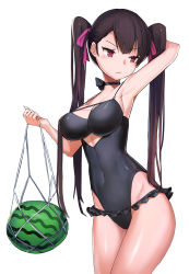 Rule 34 | 1girl, alternate hairstyle, arm up, armpits, black hair, black one-piece swimsuit, blush, breasts, btraphen, cleavage, closed mouth, contrapposto, covered navel, cowboy shot, food, fruit, girls&#039; frontline, hair ribbon, hand up, highres, hip focus, large breasts, long hair, looking to the side, one-piece swimsuit, purple eyes, purple ribbon, ribbon, simple background, solo, standing, swimsuit, thighs, tsurime, twintails, very long hair, wa2000 (girls&#039; frontline), watermelon, white background