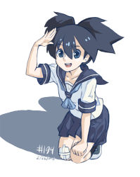 Rule 34 | 10s, 1girl, 2013, bandages, bandaid, black hair, black rock shooter, blue eyes, dated, junkpuyo, kuroi mato, open mouth, salute, school uniform, serafuku, shadow, short hair, short sleeves, short twintails, simple background, sitting, skirt, smile, solo, twintails, white background