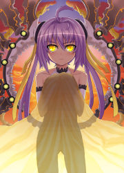 Rule 34 | 1girl, ahoge, bad id, bad pixiv id, bare shoulders, blush, char, elbow gloves, gloves, head accessory, long hair, original, purple hair, see-through, see-through silhouette, solo, twintails, yellow eyes