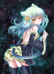Rule 34 | 1girl, animal ears, back, backless dress, backless outfit, bare shoulders, bell, black thighhighs, bow, cat ears, cat tail, detached sleeves, dress, frills, garter straps, green hair, looking at viewer, looking back, miyu (botan), original, petals, smile, solo, tail, thighhighs, wavy hair, yellow eyes