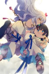 Rule 34 | 2girls, armlet, bare shoulders, black hair, blue eyes, blue ribbon, blush, bracelet, breasts, caren hortensia, caren hortensia (amor caren), caren hortensia (amor caren) (first ascension), closed mouth, commentary request, dress, echo (circa), fate/grand order, fate/requiem, fate (series), floating, floating hair, fundoshi, gold trim, hair between eyes, hair ornament, heart, heart hair ornament, hug, japanese clothes, jewelry, long hair, looking at viewer, magatama, magatama hair ornament, multicolored hair, multiple girls, open mouth, pink hair, ribbon, sandals, seigaiha, short dress, short hair, sideboob, sideless outfit, simple background, smile, streaked hair, teeth, twitter username, two-sided fabric, utsumi erice, wavy hair, white background, white dress, white hair, yellow eyes