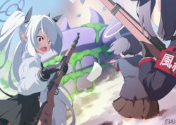 Rule 34 | 3girls, armband, black gloves, black hair, black skirt, blue archive, blush, bolt action, dark-skinned female, dark skin, eyes visible through hair, fang, gloves, grey hair, gun, halo, hat, holding, holding gun, holding weapon, iori (blue archive), long hair, long sleeves, looking at another, mauser 98, mofu namako, multiple girls, open mouth, paper, pleated skirt, pointing, pointing at another, pointy ears, prefect team member (blue archive), purple halo, red armband, red eyes, rifle, shirt, short hair, signature, skin fang, skirt, weapon, white shirt