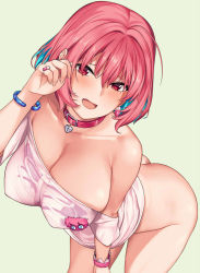 Rule 34 | 1girl, ahoge, ass, bangle, blue hair, blush, bottomless, bracelet, breasts, butt crack, collar, collarbone, earrings, fang, hai ookami, hair intakes, heart, idolmaster, idolmaster cinderella girls, jewelry, large breasts, leaning forward, looking at viewer, multicolored hair, off shoulder, open mouth, pill earrings, pink eyes, pink hair, shirt, short hair, short sleeves, simple background, skindentation, solo, t-shirt, two-tone hair, yellow background, yumemi riamu