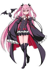 Rule 34 | 10s, 1girl, bat (animal), black footwear, black thighhighs, boots, detached sleeves, flat chest, full body, highres, kimagure blue, krul tepes, looking at viewer, owari no seraph, pink eyes, pink hair, pointy ears, simple background, sleeves past wrists, smile, solo, thigh boots, thighhighs, two side up, white background