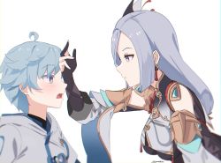 Rule 34 | 1boy, 1girl, ahoge, aunt and nephew, blue hair, bodysuit, breast curtain, breasts, chongyun (genshin impact), closed mouth, clothing cutout, earrings, expressionless, from side, genshin impact, gloves, grey hair, hair ornament, hand on another&#039;s head, highres, jewelry, long hair, long sleeves, medium breasts, open mouth, partially fingerless gloves, shenhe (genshin impact), shirt, short hair, shoulder cutout, steeb, upper body, white shirt