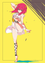 Rule 34 | 1girl, ankle lace-up, barefoot, cross-laced footwear, feet, full body, highres, kicking, magi the labyrinth of magic, morgiana, orange eyes, red hair, short hair, side ponytail, solo, standing, standing on one leg, tiptoes, yanai nobuhiko, yellow background