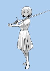 Rule 34 | 1girl, belt, blue background, closed mouth, commentary, dress, erica (naze1940), gloves, hair between eyes, highres, holding, holding sword, holding weapon, kneehighs, looking at another, mary janes, original, puffy short sleeves, puffy sleeves, shoes, short hair, short sleeves, simple background, socks, solo, standing, sword, two-handed, weapon
