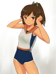 Rule 34 | 10s, 1girl, blouse, blue one-piece swimsuit, brown eyes, brown hair, choudendoutai, cowboy shot, gradient background, hair ornament, hairclip, i-401 (kancolle), kantai collection, looking at viewer, one-piece swimsuit, one-piece tan, orange sailor collar, ponytail, sailor collar, sailor shirt, school swimsuit, shirt, short ponytail, sleeveless, sleeveless shirt, smile, solo, swimsuit, swimsuit under clothes, tan, tanline, white background, white shirt