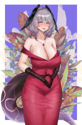 Rule 34 | 1girl, :d, absurdres, alternate costume, arknights, bare shoulders, black gloves, commentary request, covered navel, cowboy shot, dress, gloves, green eyes, grey hair, head wings, highres, ho&#039;olheyak (arknights), jewelry, looking at viewer, medium hair, necklace, off-shoulder dress, off shoulder, open mouth, own hands together, red dress, short sleeves, smile, snake tail, solo, standing, tail, wings, zhait007