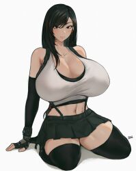 Rule 34 | 1girl, batako (batakoart), blush, breasts, cleavage, earrings, female focus, final fantasy, final fantasy vii, fingerless gloves, full body, gloves, highres, huge breasts, jewelry, kneeling, long hair, looking at viewer, midriff, navel, red eyes, solo, thick thighs, thighhighs, thighs, tifa lockhart