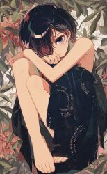 Rule 34 | 1girl, absurdres, armpits, bare arms, bare shoulders, barefoot, black dress, black hair, blue eyes, closed mouth, dress, expressionless, feet, flower, full body, hair behind ear, hair over one eye, hand on own knee, hands up, head down, highres, ka (marukogedago), knee up, knees to chest, leaf, legs, looking at viewer, one eye covered, original, plant, red flower, short hair, sitting, solo, strapless, strapless dress, toenails, toes