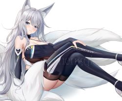 Rule 34 | 1girl, animal ears, ankle strap, azur lane, bare shoulders, blue eyes, breasts, chinese commentary, cleavage, copyright name, criss-cross halter, crossed legs, detached sleeves, dot nose, elbow gloves, fox ears, fox girl, gloves, hair between eyes, hair in own mouth, hair tie in mouth, halterneck, hand on own leg, high heels, huge breasts, kitsune, long hair, looking at viewer, mouth hold, official alternate costume, race queen, shenqi (toid310), shinano (azur lane), shinano (moonlit chrome) (azur lane), simple background, sitting, solo, thighhighs, thighs, white background, white footwear, white hair
