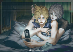 2boys bed_sheet blonde_hair blue_eyes blue_shirt brown_shirt cellphone cloud_strife curtains final_fantasy final_fantasy_vii green_eyes grey_hair holding holding_phone looking_at_another looking_at_phone lying male_focus multiple_boys on_bed on_stomach open_mouth phone pillow playing_with_another&#039;s_hair sephiroth shirt short_hair short_sleeves smile spiked_hair starember yaoi