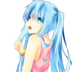 Rule 34 | 1girl, aqua eyes, aqua hair, bangle, bracelet, hatsune miku, jewelry, long hair, looking at viewer, looking back, open mouth, popsicle, solo, upper body, vocaloid, yuuani