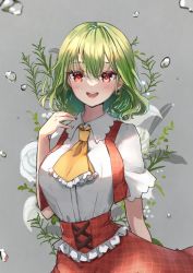 Rule 34 | 1girl, adapted costume, ascot, blush, breasts, collared shirt, earrings, flower, green hair, hair between eyes, highres, jewelry, kazami yuuka, large breasts, open mouth, red eyes, red skirt, red vest, shironeko yuuki, shirt, short hair, short sleeves, skirt, smile, solo, touhou, vest, white flower, white shirt, yellow ascot
