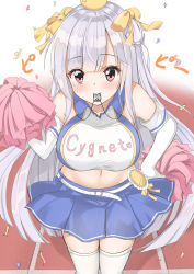 Rule 34 | 1girl, absurdres, azur lane, blue skirt, blush, bow, breasts, cheerleader, clothes writing, commentary request, confetti, cowboy shot, cygnet (azur lane), cygnet (royal fanfare) (azur lane), elbow gloves, from above, gloves, hair bow, hand on own hip, highres, large breasts, long hair, looking at viewer, micchamu, midriff, navel, pink eyes, pom pom (cheerleading), silver hair, skirt, solo, thighhighs, whistle, white gloves, white thighhighs, yellow bow, zettai ryouiki