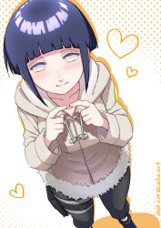 Rule 34 | 1girl, aika nrt, black hair, black pants, blush, breasts, collarbone, foot out of frame, heart, hood, hooded jacket, hyuuga hinata, jacket, medium breasts, naruto, naruto (series), pants, short hair, smile, solo, white eyes, white jacket