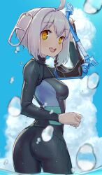 Rule 34 | 1girl, absurdres, ahoge, ass, black bodysuit, black wetsuit, bodysuit, bouhuman, breasts, cloud, cloudy sky, commentary, commission, covered erect nipples, diving mask, diving mask removed, diving suit, dripping, from behind, goggles, hair ornament, highres, looking at viewer, medium breasts, multicolored bodysuit, multicolored clothes, open mouth, orange eyes, original, short hair, skeb commission, skin tight, sky, snorkel, teeth, upper teeth only, wading, water drop, wet, wet clothes, wetsuit, white hair
