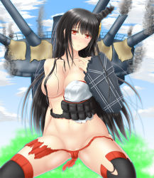 Rule 34 | 10s, 1girl, areola slip, black hair, blush, breasts, cameltoe, detached sleeves, fusou (kancolle), groin, hair ornament, hair over breasts, hitoshi hitoshi, japanese clothes, kantai collection, large breasts, long hair, personification, red eyes, shihito taira, solo, torn clothes