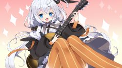 Rule 34 | 1girl, :d, antenna hair, black dress, black jacket, blue eyes, breasts, brown background, collared shirt, commentary request, dress, feet out of frame, gradient background, guitar, hair between eyes, hair ornament, highres, holding, holding instrument, instrument, jacket, kizuna akari, knees up, large breasts, long hair, long sleeves, looking at viewer, low twintails, milkpanda, open clothes, open jacket, open mouth, orange thighhighs, puffy long sleeves, puffy sleeves, rabbit hair ornament, shirt, silver hair, smile, solo, striped clothes, striped thighhighs, thighhighs, twintails, vertical-striped clothes, vertical-striped thighhighs, very long hair, voiceroid, white shirt