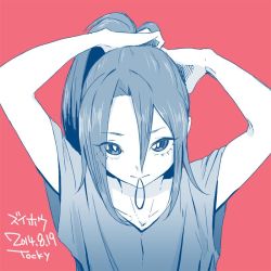 Rule 34 | 1girl, blue theme, character request, closed mouth, dated, hair tie in mouth, kantai collection, long hair, looking at viewer, loose clothes, loose shirt, mouth hold, pink background, ponytail, shirt, short sleeves, signature, simple background, solo, tocky, tying hair, upper body