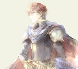 Rule 34 | 1boy, armor, belt, blouse, blue cape, blue eyes, blue shirt, brown hair, cape, closed mouth, eliwood (fire emblem), expressionless, fire emblem, fire emblem: the blazing blade, holding, holding sword, holding weapon, kuzumosu, long sleeves, male focus, nintendo, pauldrons, serious, shirt, shoulder armor, simple background, solo, sword, upper body, weapon